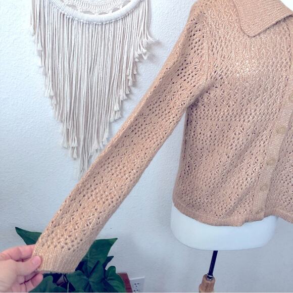 Joie super soft tan open knit collared button front cardigan large NEW - Picture 2 of 6